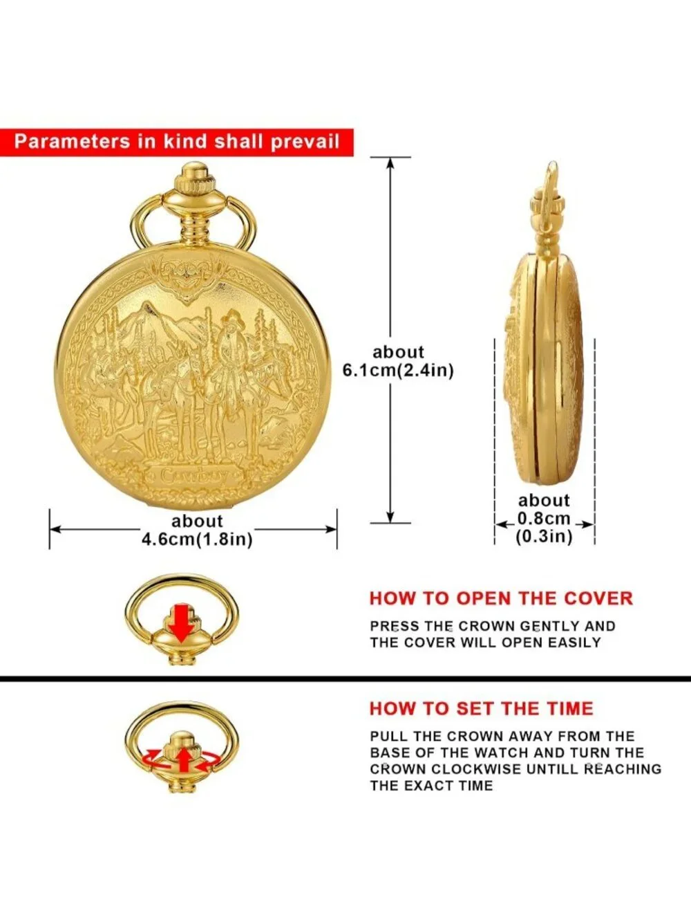 Men's Gold Analog Quartz Arabic Numerals Engraved Cowboy Vintage Pocket Watch